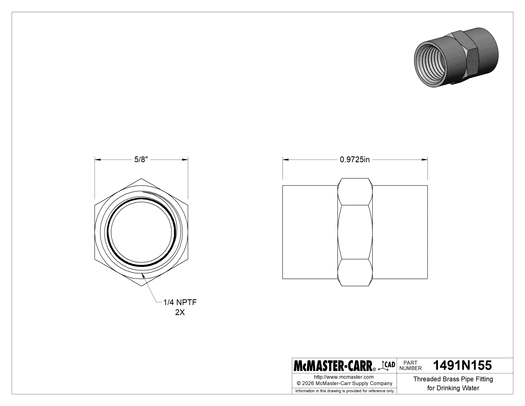 Technical drawing of Threaded Brass Pipe Fitting for Drinking Water, High-Pressure, Straight Connector, 1/4 NPTF Female.
